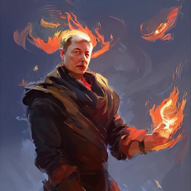 Prompt: Elon Musk as a firebender, portrait, elegant, intricate, digital painting, artstation, concept art, smooth, sharp focus, illustration, art by konstantin korovin and Daniel F. Gerhartz and john howe