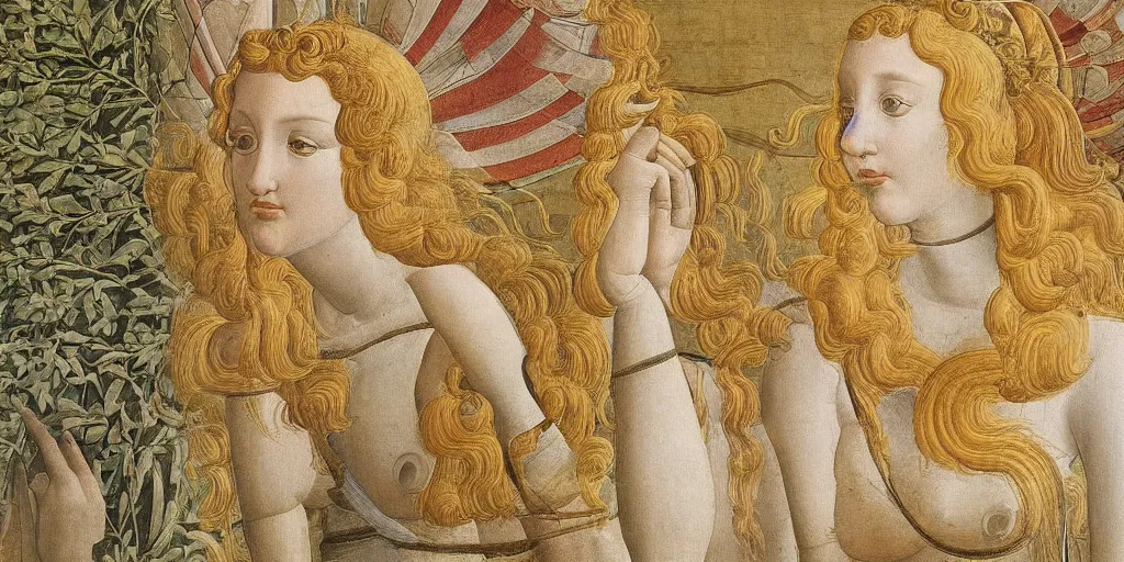 Prompt: Detail of the painting Venus by Botticelli made from layers of technical drawings and architectural plans, very detailed and intricate with callout texts, leaders, arrows and bubbles