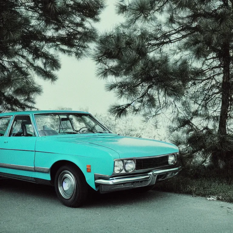 Image similar to 1 9 7 0 s car parked by the pine tree, film photo, soft lighting album cover, nostalgia, turquoise gradient