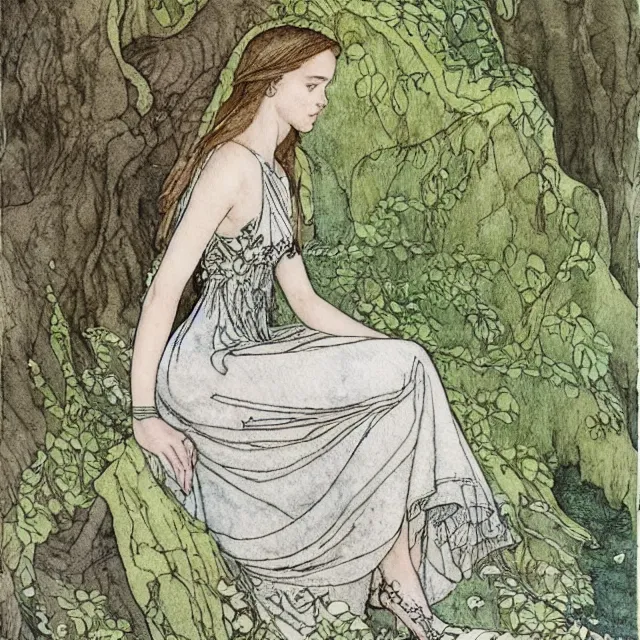 Image similar to a detailed, intricate watercolor and ink portrait illustration with fine lines, of a lovely, pretty, young alicia vikander with a detailed face in a dress sitting on the mossy ground reading under a gnarled tree, by arthur rackham and edmund dulac and ted nutall and mucha