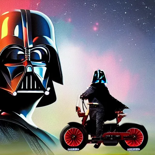 Image similar to Darth Vader riding a Lion with glare