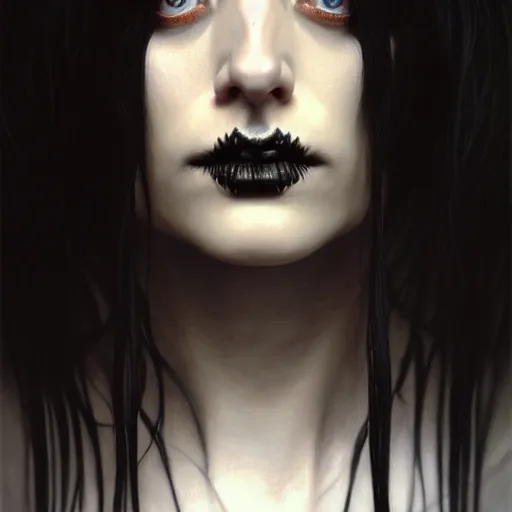 Image similar to portrait painting of an androgynous goth witch with shoulder length flowing black hair pale skin and beautiful dark brown eyes, ultra realistic, concept art, intricate details, eerie, highly detailed, photorealistic, octane render, 8 k, unreal engine. art by artgerm and greg rutkowski and alphonse mucha