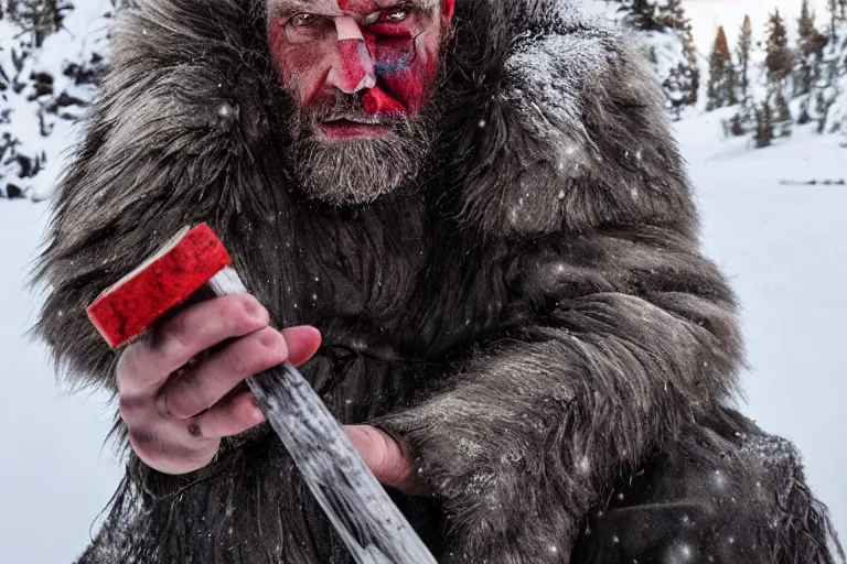 Image similar to vfx movie tough bald man in furs, natural grizzled skin, streaks of red face paint grey beard, holding two detailed viking axes, in snowy tahoe by emmanuel lubezki