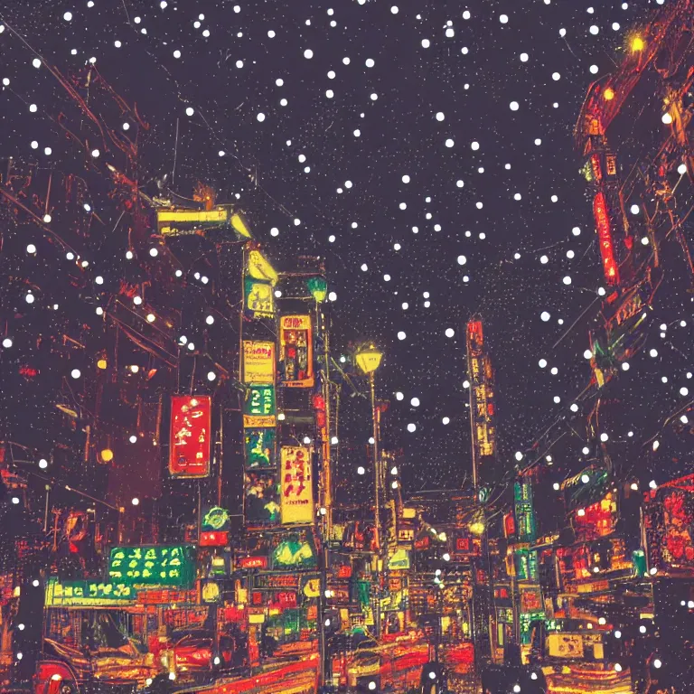 Image similar to illustration of osaka with many lights and lens flares, snowy winter christmas night