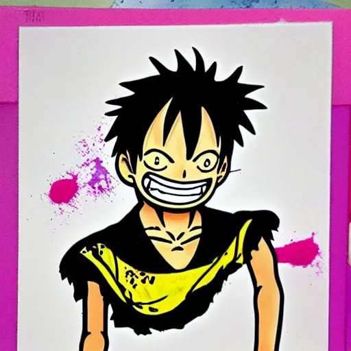 Image similar to die cut sticker, luffy is joyboy, splatter paint on paper