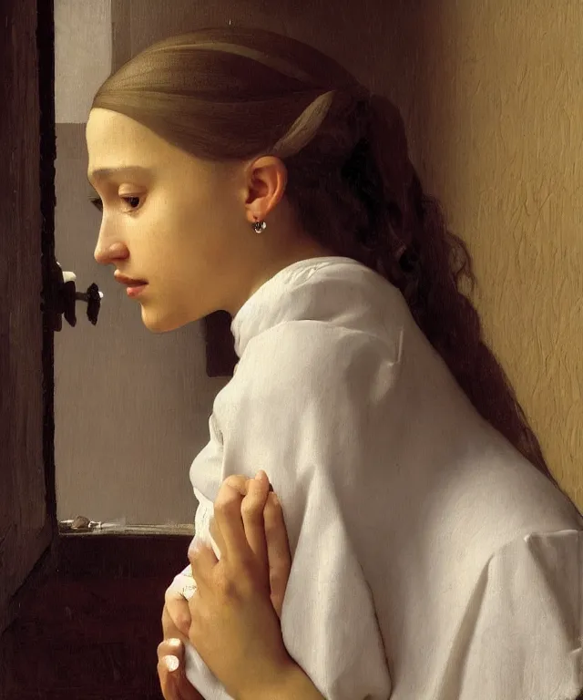 Image similar to a highly detailed, beautifully lit close portrait of a pretty, 1 4 year old alicia vikander resting her head on a table by an open window, oil painting portrait by vermeer and bouguereau and waterhouse