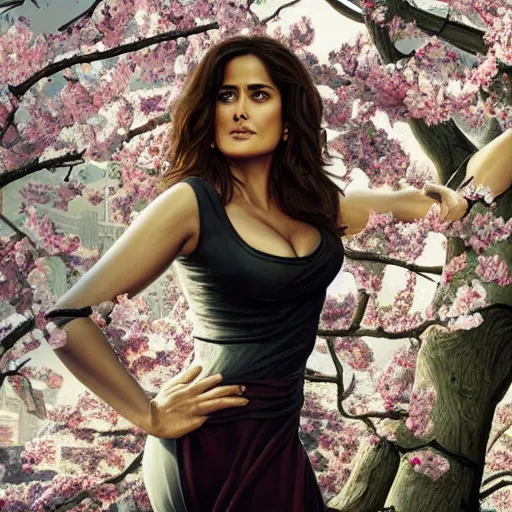 Image similar to photo of salma hayek in the style of stefan kostic, realistic, body shot, sharp focus, 8 k high definition, insanely detailed, intricate, elegant, art by stanley lau and artgerm, cherry blossoms