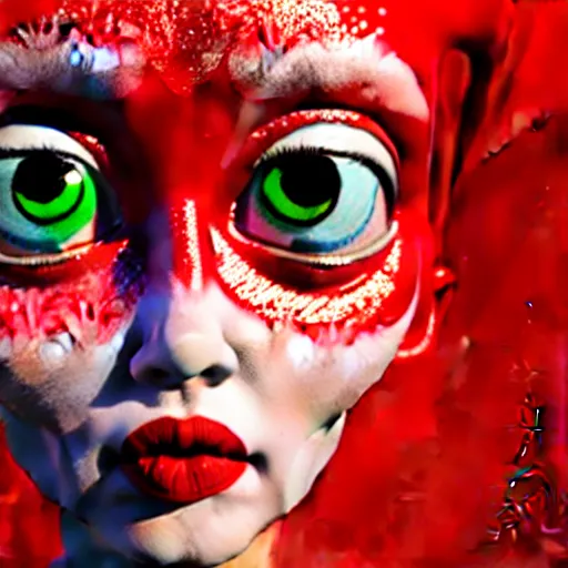 Image similar to 3 d render of the coke logo personified as a soda themed girl, large creepy eyes, extremely detailed and colorful eyes, soda themed girl, hyper detailed money sign pupils, tim burton, junji ito, her forehead has the coke logo carved into it, dollar sign pupils, extremely uncomfortable, money everywhere, cash falling, coke flood, blender 3 d, unreal engine