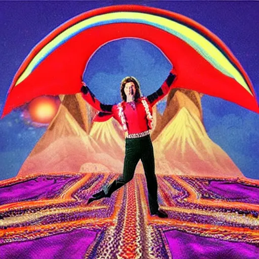 Image similar to “Doug Henning on a magic carpet flying over the mountains in the style of scrojo”