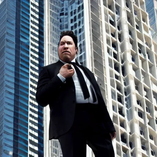 Image similar to Clean-shaven Jon Favreau as Happy Hogan wearing a black suit and black necktie and black dress shoes is climbing up a tall building in an urban city.