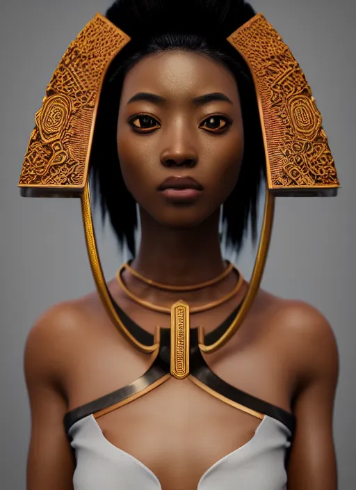 Prompt: attractive female portrait of african samurai, wearing robe, rule of thirds, uplight, intricate, symmetrical!!, depth of field, cinematic, filmic, vsco, concept art, artstation, digital painting, elegant, model, gorgeous, adobe, vouge, magazine cover, epic, focus, octane render, vray render, arnold render,