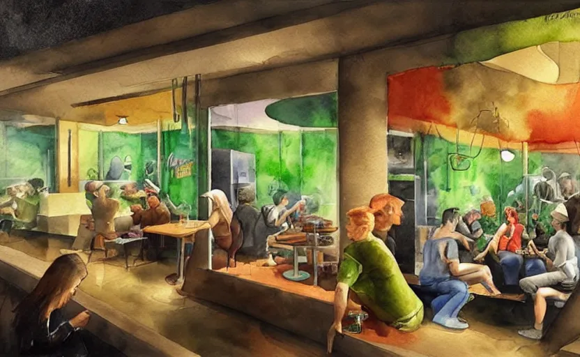 Prompt: 3 d cannabis cafes in australia, colorful watercolor. by rembrant, angel alita, ralph mcquarrie, aluminum