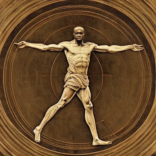 Prompt: Usain Bolt as the Vitruvian Man by leonardo da vinci, detailed, 8k, realistic, intricate blueprint in the style of Franz Xaver Winterhalter