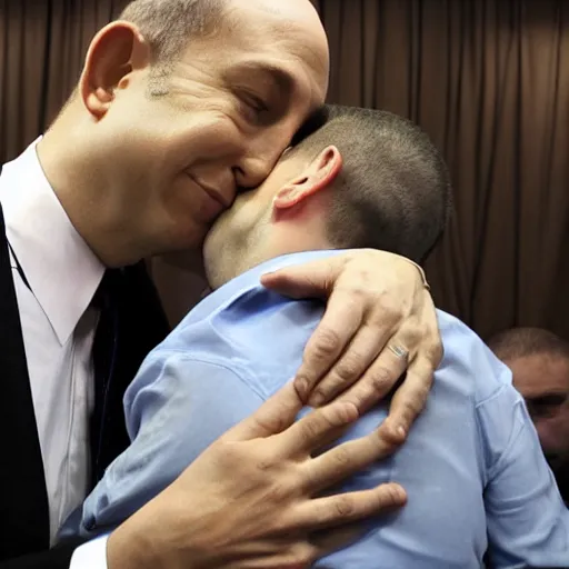 Image similar to benjamin netanyahu kissing naftali bennet, realistic, detailed