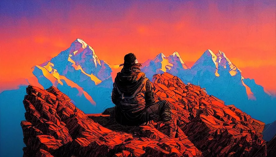 Prompt: a lonesome warrior looking at the sunrise at the himalayas by sandra chevrier, moebius, atmospheric, fine details, vivid, neon, masterpiece