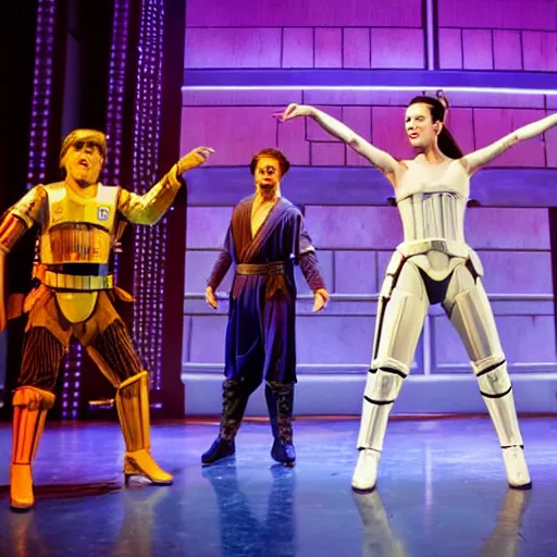 Image similar to Production photo of Star wars the musical on broadway, dancing, star wars costumes by Julie Taymor, set design by Julie Taymor