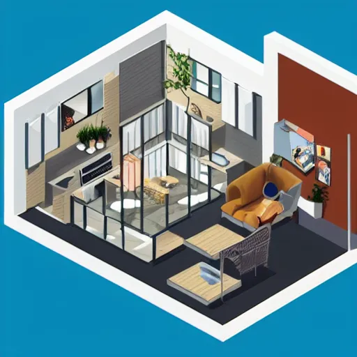 Prompt: an isometric interior design of a modern house