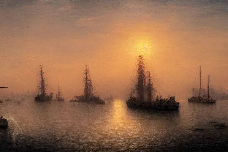 Prompt: ship in harbor, sunset, 4k, artstation, caspar friedrich, mist