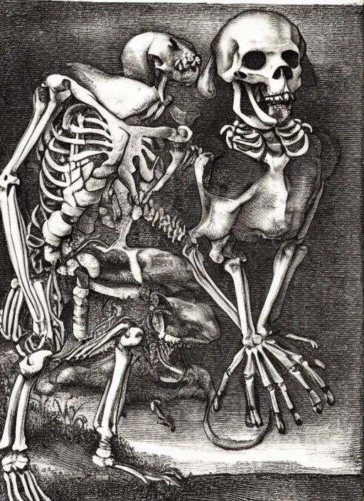Prompt: a dachshund encountering a skeleton in the countryside, engraving by albrecht durer, macabre