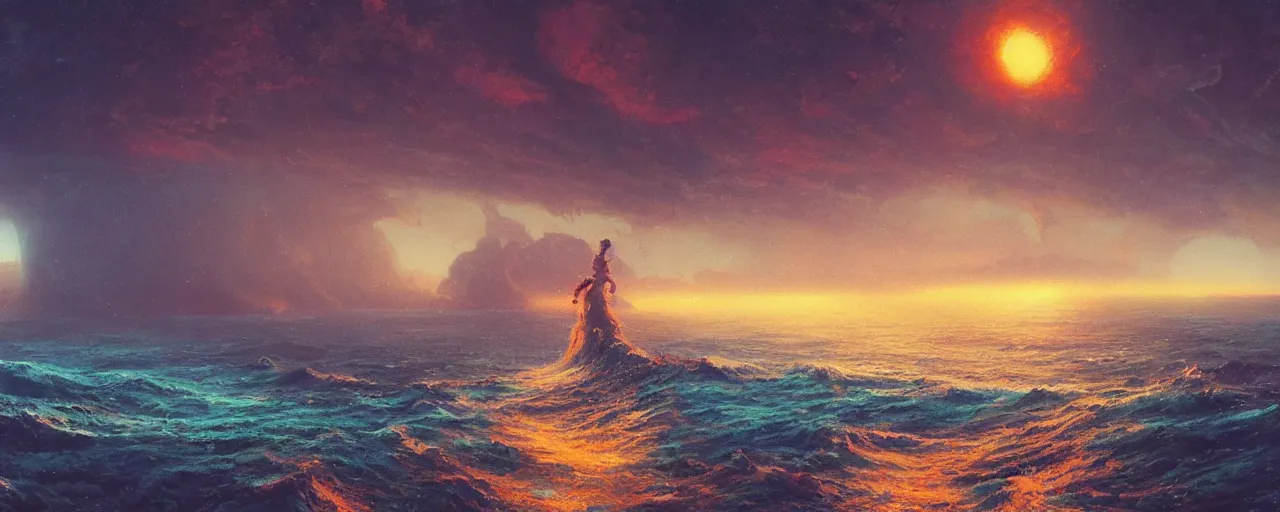 Prompt: ” vast ocean, [ art by paul lehr, cinematic, detailed, epic, widescreen, opening, establishing, mattepainting, photorealistic, realistic textures, octane render ] ”