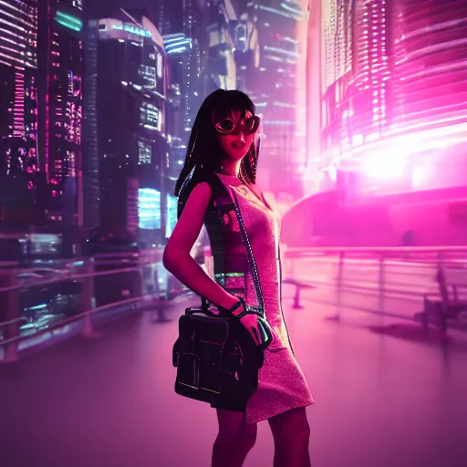 Image similar to a girl wearing a handbag from the future, cyberpunk background, highly detailed, epic lighting, 8 k