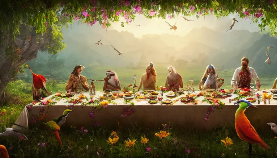 Image similar to a table dinner of exotic birds where birds are dressed like the characters from the midsommar movie wearing flowers, realistic detailed digital art by maxwell boas jessica rossier christian dimitrov anton fadeev trending on artstation cgsociety rendered in unreal engine 4 k hq