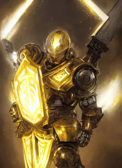 Image similar to dynamic attack position abstract portrait of a intricate glorious holy mechanical warforged character in yellow armor holding a paladin engraved great longsword drawn and carrying a big paladin shield, floodlight in middle of face , face in focus, epic , trending on ArtStation, masterpiece, cinematic lighting, by Ross Tran and by Greg Rutkowski