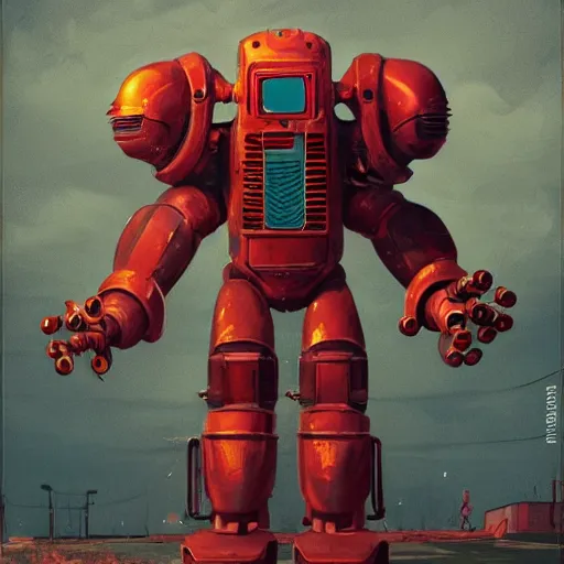 Prompt: Retrofuturism red alert spider power armor by Simon Stålenhag character design, character sheet, postapocalypse soviet spiderl robot by simon stalenhag, mutant year zero robot , trending on Artstation, 8K, ultra wide angle, zenith view, pincushion lens effect