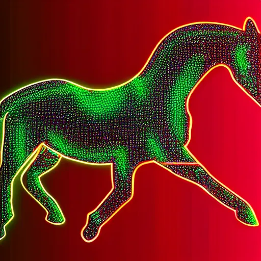 Prompt: digital horse, glowing circuit board patterns along body, retrowave palette, highly detailed, anatomically correct equine, digital art