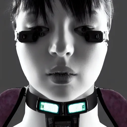 Image similar to detailed realistic female character cyberpunk wearing thick steel collar around neck, realistic, art, beautiful, 4K, collar, choker, collar around neck, punk, artstation, detailed, female, woman, choker, cyberpunk, neon, punk, collar, choker, collar around neck, thick collar, choker around neck, wearing choker, wearing collar, face, beautiful, cyberpunk,