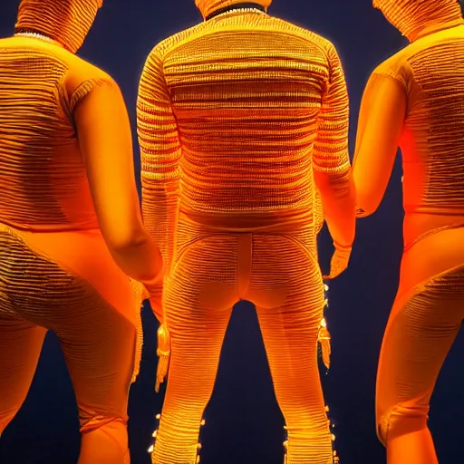 Image similar to love, diverse orange cybersuits, from behind, connection rituals, wide wide angle, vivid, elaborate, highly detailed, beautiful lighting