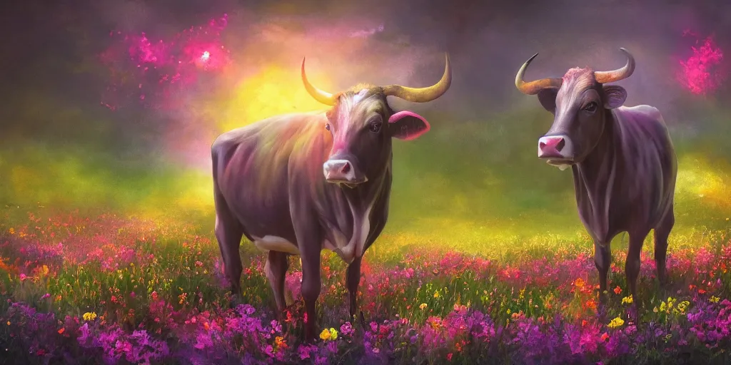 Image similar to fantasy artwork of a cow in a field of glowing flowers