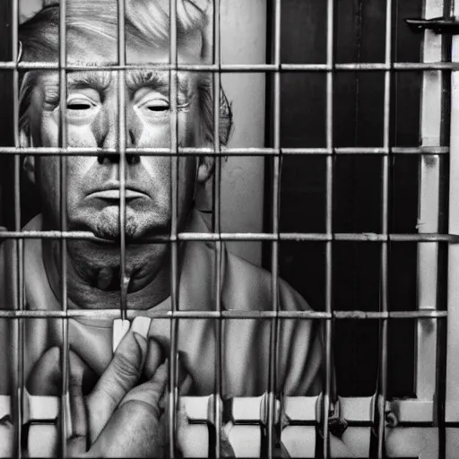 Image similar to donald trump crying in a prison cell wearing prison jumpsuit, photography, 4k