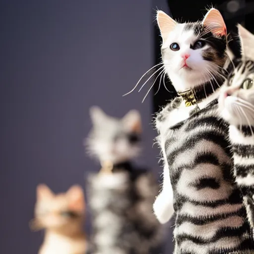 Image similar to cats on a catwalk wearing designer cloth, stage lighting 4k