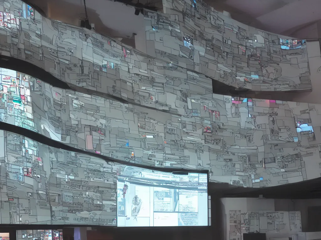 Prompt: city sized curved screens projecting a reference sheet