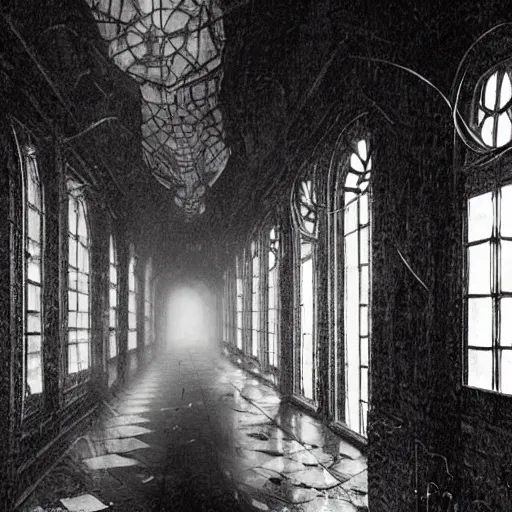 Image similar to a long hallway of mirrors. victorian interior, with many mirrors, spiders and spiderwebs everywhere, elegant design, haunting atmosphere, dark lighting, gothic, horror style, scary, swirling fog, volumetric lighting, by greg rutkowski, realistic, dutch angle,