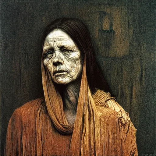 Prompt: portrait of 400 years old girl, painting by Beksinski