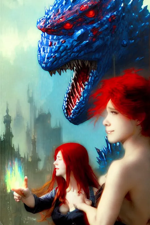 Prompt: red haired vampire maid, pointing accusingly at a small blue godzilla wearing a rainbow hat portrait dnd, painting by gaston bussiere, craig mullins, greg rutkowski, yoji shinkawa