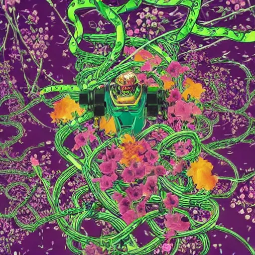 Image similar to colourful vfx art - portrait of army mecha robot wrapped in flowers & vines, art by utagawa kunisada & tadanori yokoo, volumetric light, ray tracing, sharp, detailed, digital painting, illustration, highly detailed, intricate detail, unreal engine, octane render, pinterest, behance, art station,