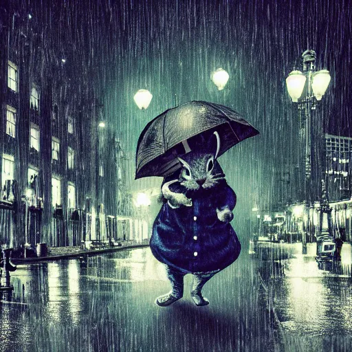 Prompt: portrait of a time traveling rabbit holding a pocket watch and an umbrella, rainy night, city lights, streetlights, digital art, sharp, focused photo