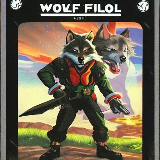 Image similar to 1 9 8 0 s video game art of anthropomorphic wolf o'donnell from starfox fursona furry wolf in a dark space mercenary uniform, looking heroic, magazine scan, 8 0 s game box art, dark grey wolf o'donnell