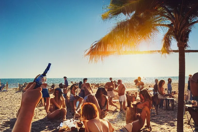 Image similar to an amazing award winning polaroid photo of animals at a party at the beach, drinking, food, bar, music, resort, praising the sun, golden hour, cinematic, atmospheric, 8k resolution, Hyperrealistic