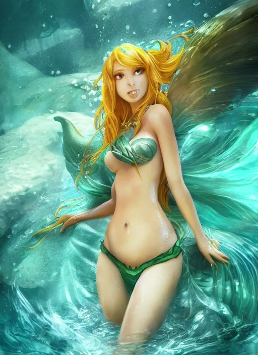 Image similar to nami the mermaid, from league of legends, au naturel, playing underwater, green skin, hyper detailed, digital art, trending in artstation, cinematic lighting, studio quality, smooth render, unreal engine 5 rendered, octane rendered, art style by klimt and nixeu and ian sprigger and wlop and krenz cushart