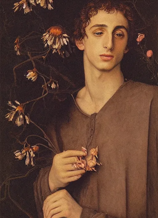 Image similar to (((( a painting of a Timothee Chalamet looking at a flower, a character portrait by Dürer, behance, pre-raphaelitism, da vinci, pre-raphaelite, detailed painting“