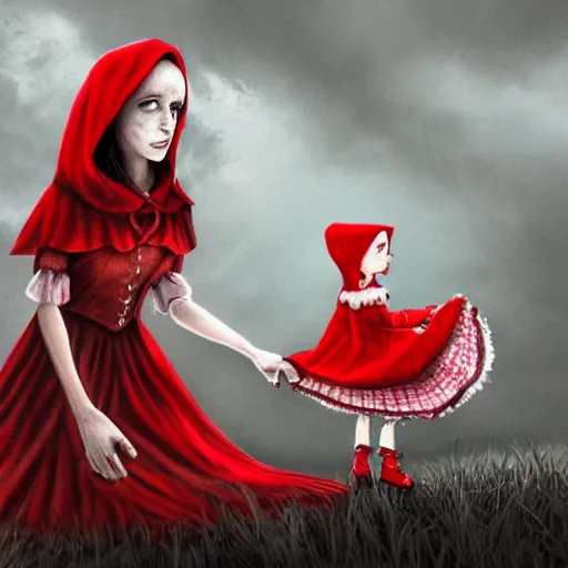 Image similar to little red riding hood by tim burton, 8 k, digital art masterpiece,