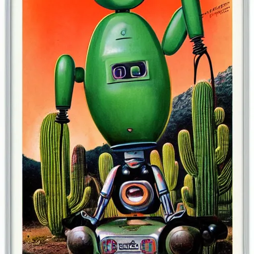 Image similar to extreme wide shot of a 1950s retro Cactus robot, with space above the head. full body framed. Bionic Arms and eyes. pop surrealism, poster art, muted colours. by Jean-Baptiste Monge, wide shot