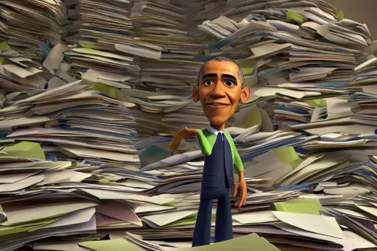 Image similar to obama nervously standing by a mountain of papers, still from a pixar movie, high quality 3 d render, movie, pixar, renderman, 4 k, artstation