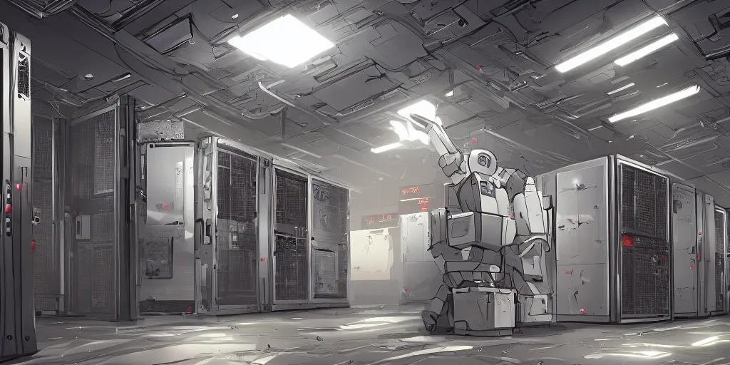 Image similar to parallax datacenter server room white rusty robocowboy in artstation