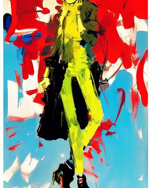 Image similar to Fashion model girl by Ashley Wood, Yoji Shinkawa, Jamie Hewlett, 60's French movie poster, French Impressionism, vivid colors, palette knife and brush strokes, Dutch tilt