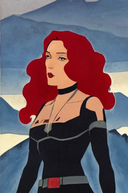 Image similar to black widow ( natasha romanova ) on mountains, marvel, artwork by nicholas roerich,